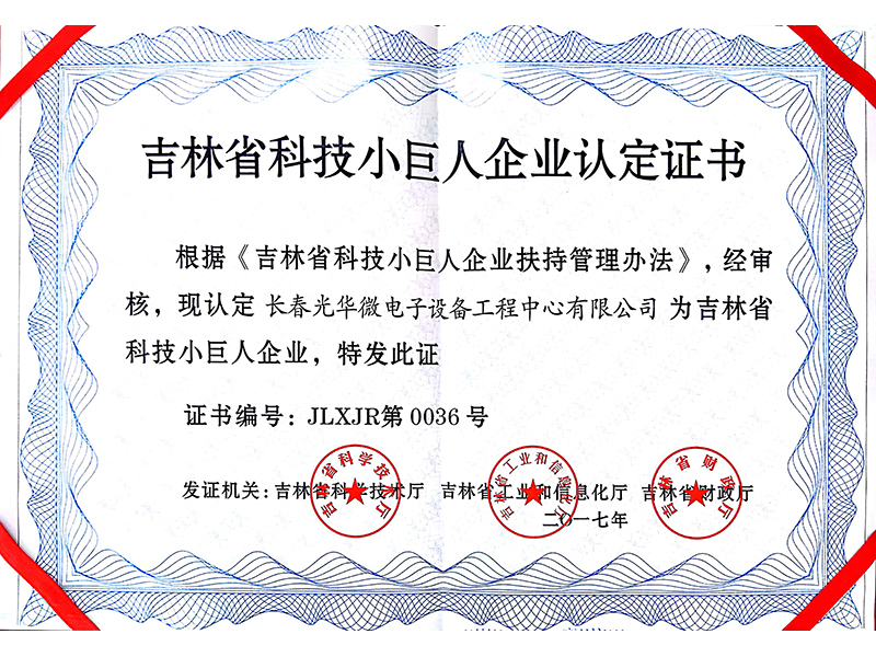 吉林省科技小巨人证书